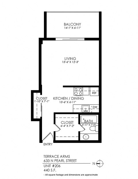 Floor plan for studio, 1 bath, 430 sqft